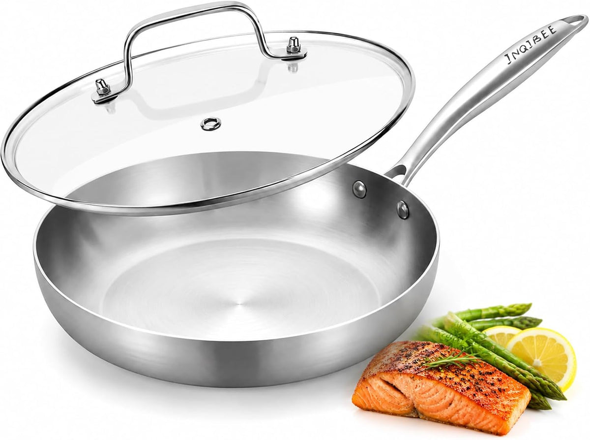 Inqibee 8 Inch Tri-Ply Stainless Steel Frying Pan with Lid,Omelet Pan,Egg Pan,Skillet,Induction Cooking Pan,Dishwasher and Oven Safe