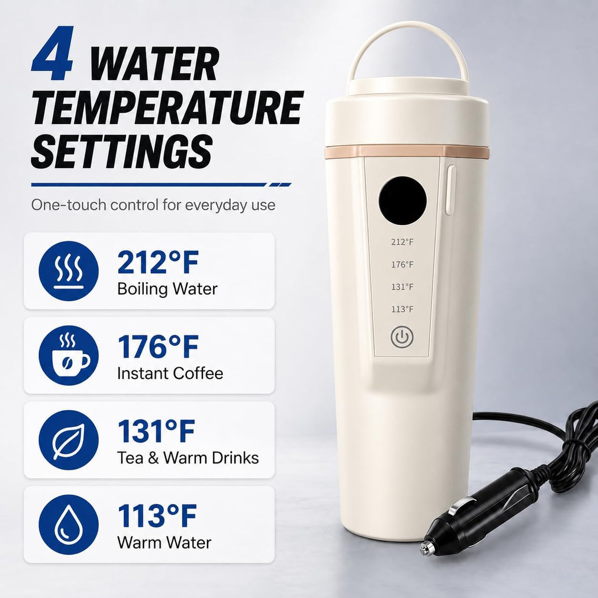 Car Electric Kettle 12V/24V Dual Voltage, Portable Travel Electric Kettle for Road Trips, Mini Small Water Boiler with 4 Temp Control, 316 Stainless Steel,16oz(Beige)