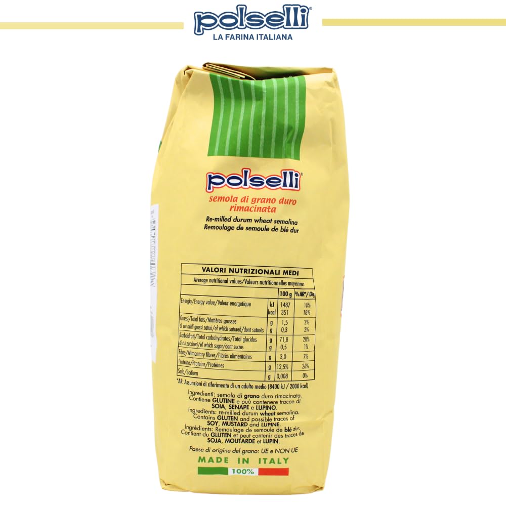 POLSELLI Italian Semola Flour, Fine Ground Semolina Rimachinata, 5 kg | Fine Ground Durum Wheat Flour For Fresh Pasta, Bread, &amp; Baking, All-Natural, Unbleached, Non-GMO, Product Of Italy
