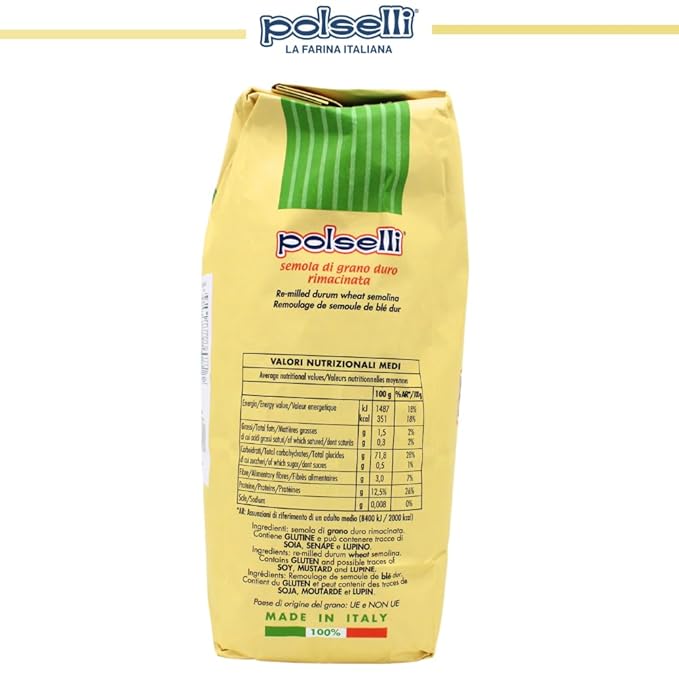 POLSELLI Italian Semola Flour, 11 lbs (5 kg), Fine Ground Semolina Rimachinata for Fresh Pasta, Bread, Durum Wheat, Product of Italy,