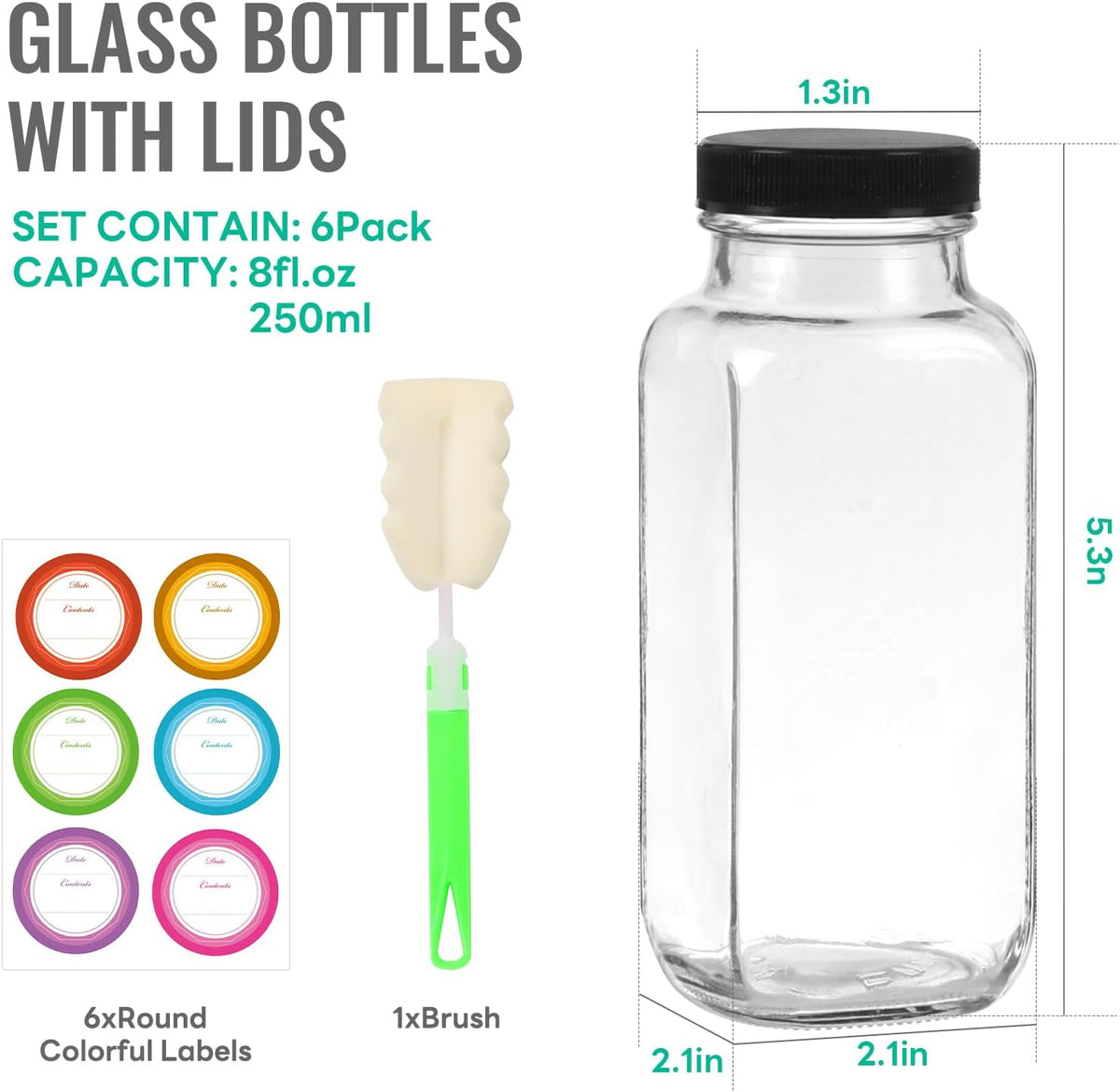 8 oz Glass Juice Bottles with Lids 6 Pack,Reusable Glass Drink Bottles