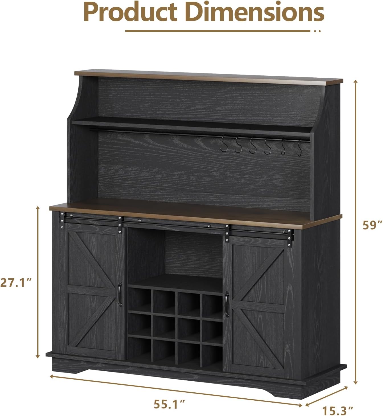 REVOMINCA 55" Farmhouse Coffee Bar Cabinet with 3 Tier Storage Hutch, Black