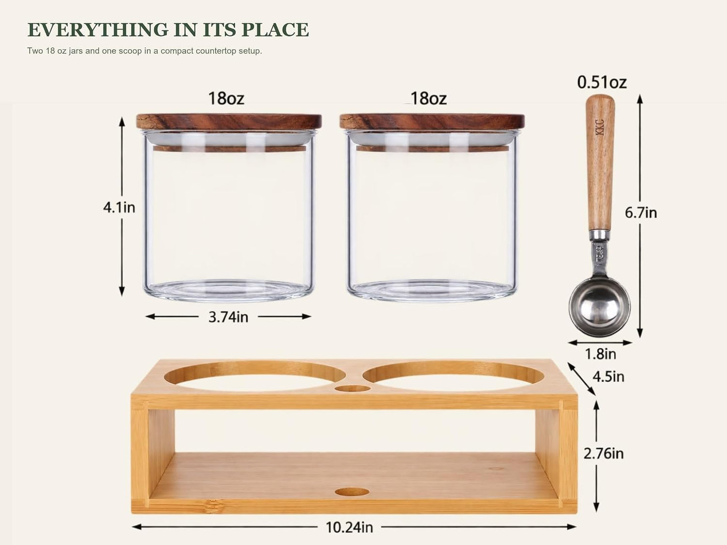 KKC HOME ACCENTS 18 oz Glass Seasoning Jars with Wood Lids, 2 Pack | Two wide-mouth glass jars, wood lids, bamboo holder and 1 tbsp scoop for kosher salt, spices and everyday seasoning.