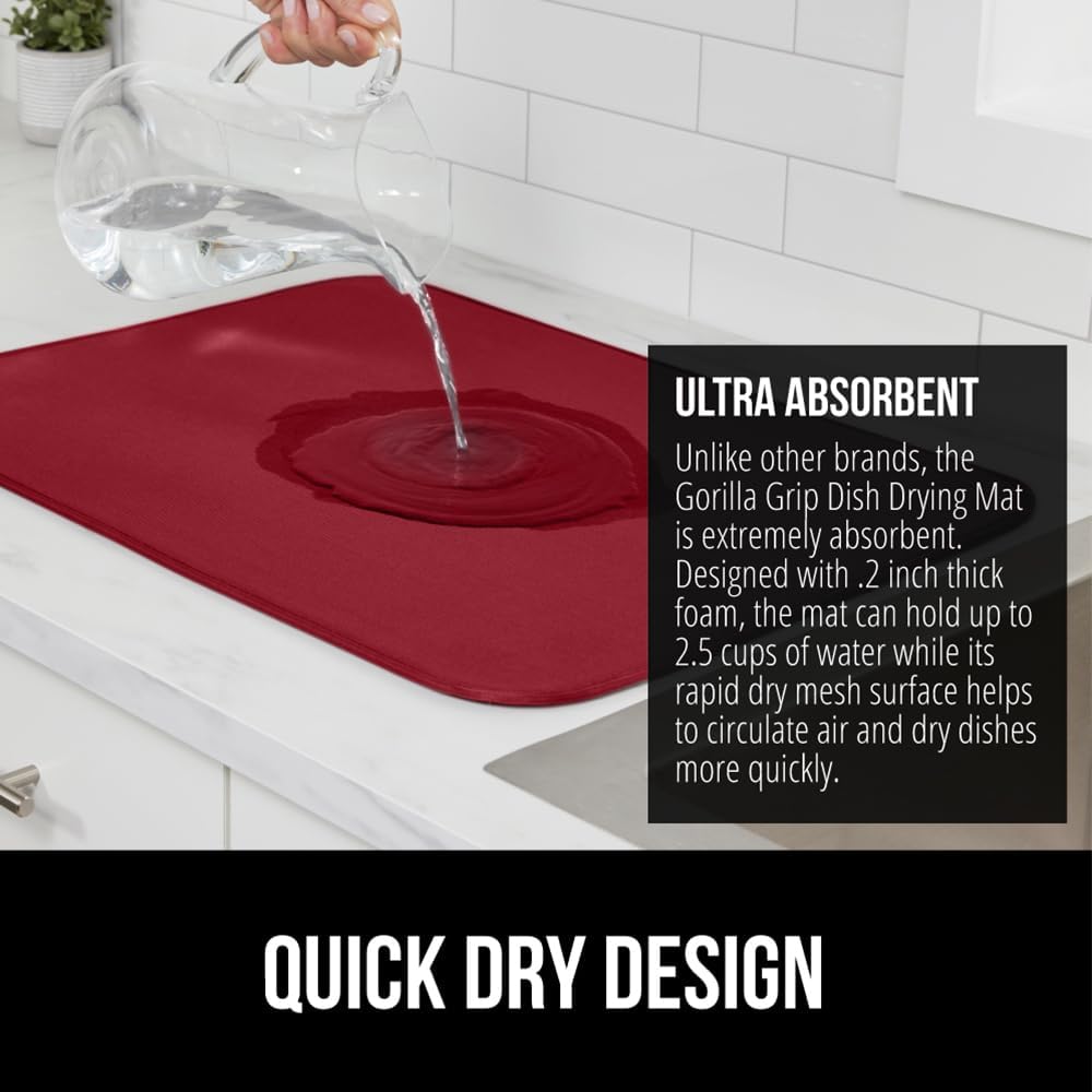 GORILLA GRIP Ultra Water Absorbent Microfiber Dish Drying Mat, Quick Dry Thick Mesh, Slip Resistant Pad for Sink Dishes or Under Rack, Kitchen Counter Accessories, 16x18, Machine Wash Mats, Red