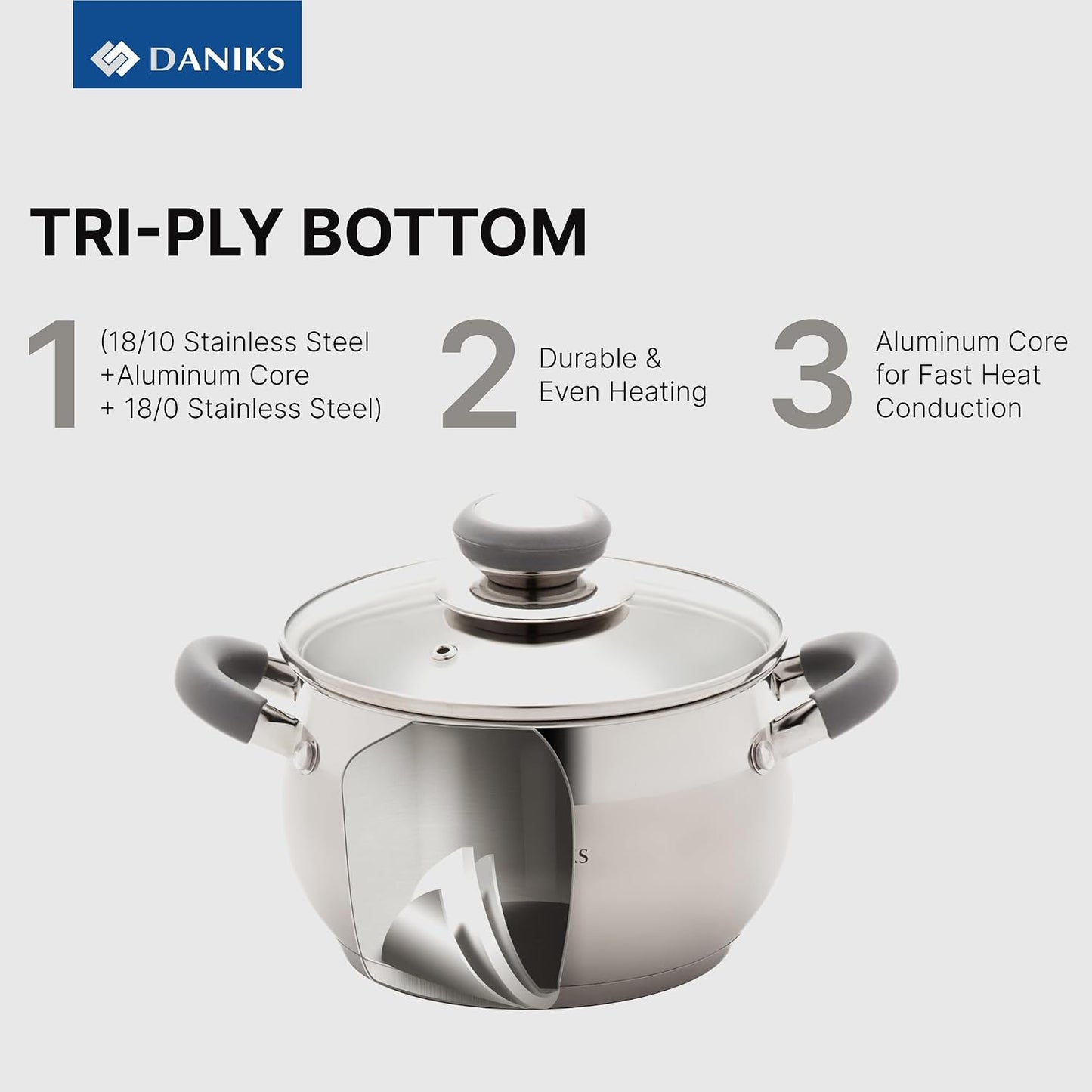 Daniks Modern 11-Piece Stainless Steel Cookware Set with Glass Lids, Includes Saucepan and Frying Pan with Lid, Tri-Ply