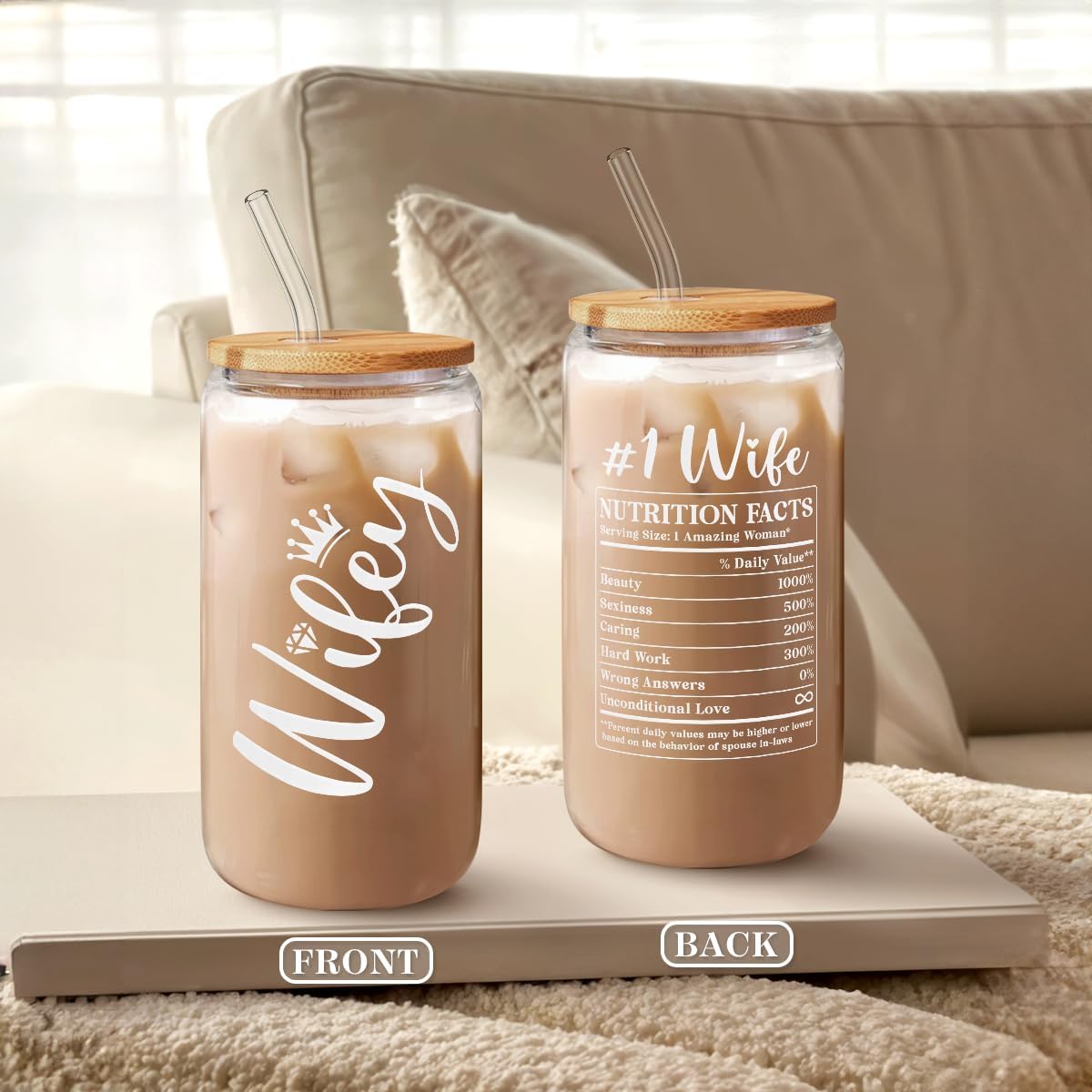 SANDJEST Wife Glass Can, Wifey Cup with Lid &amp; Straw, Iced Coffee Aesthetic Cups, Idea Gift for Christmas Marriage Birthday Anniversary Valentine, Gifts for Women, 16oz