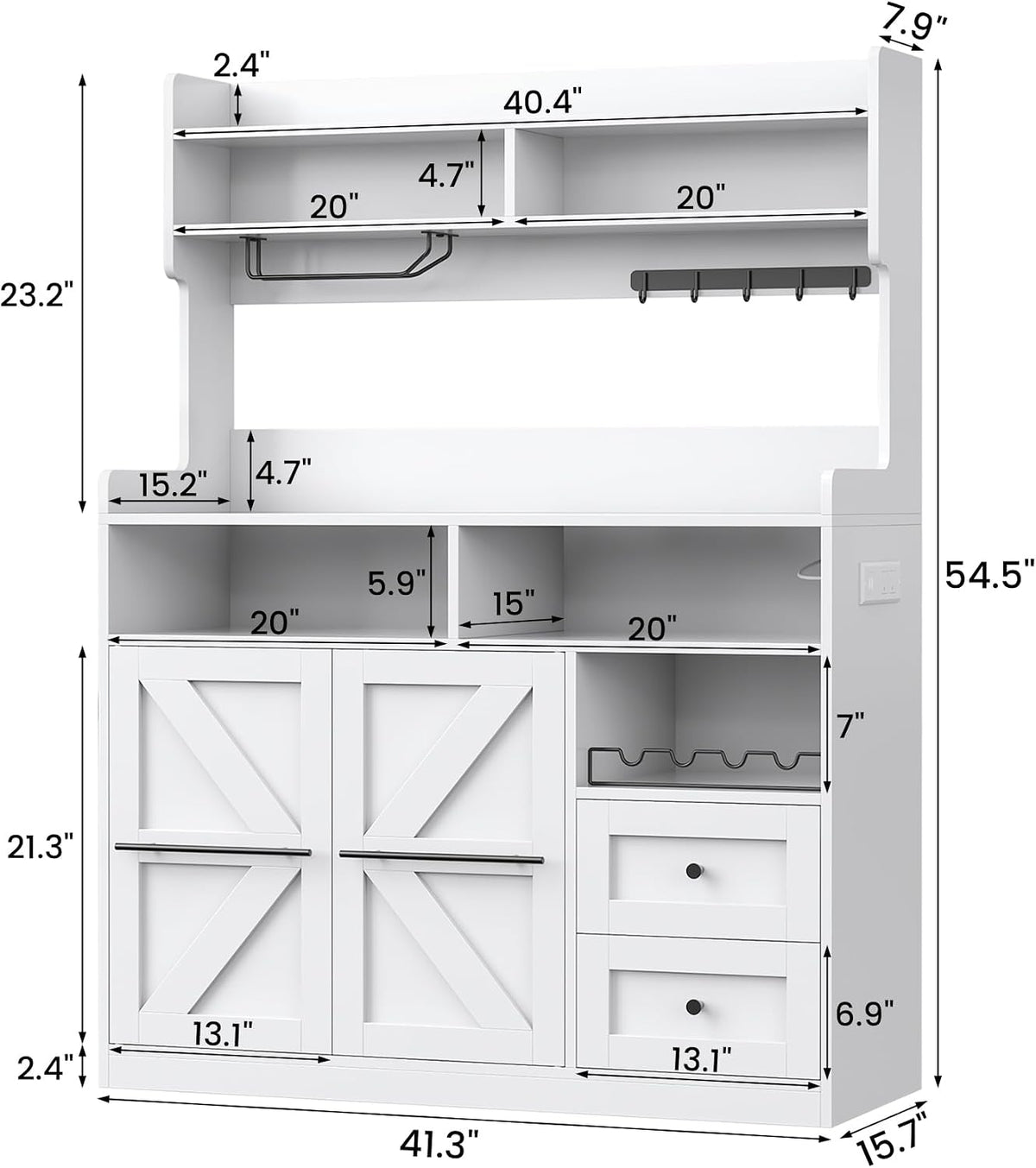 VVFLU Hutch Storage Buffet Cabinet with Drawers, and Charging Station, Coffee Bar Cabinet with Barn Doors, Wine Rack and Hooks, White Wood Sideboard Buffet for Kitchen, Dining Room, 54.5" High