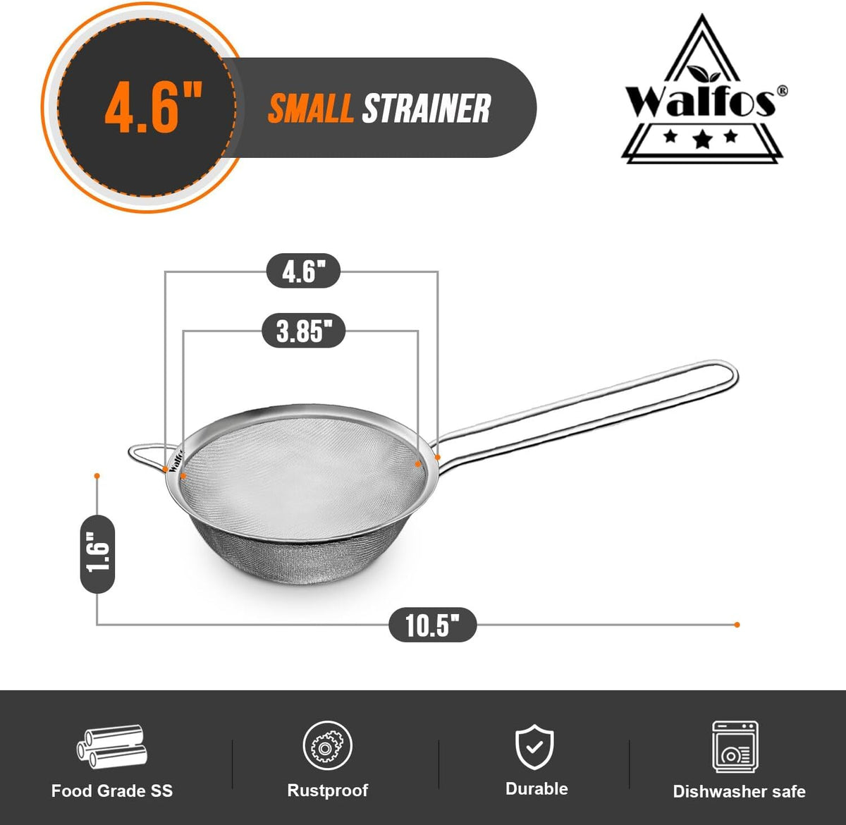 Walfos 4.6 Inch Fine Mesh Strainer, Premium Stainless Steel Colanders and Sifters, with Reinforced Frame and Sturdy Handle, Perfect for Sift, Strain, Drain and Rinse Vegetables, Pastas and Tea
