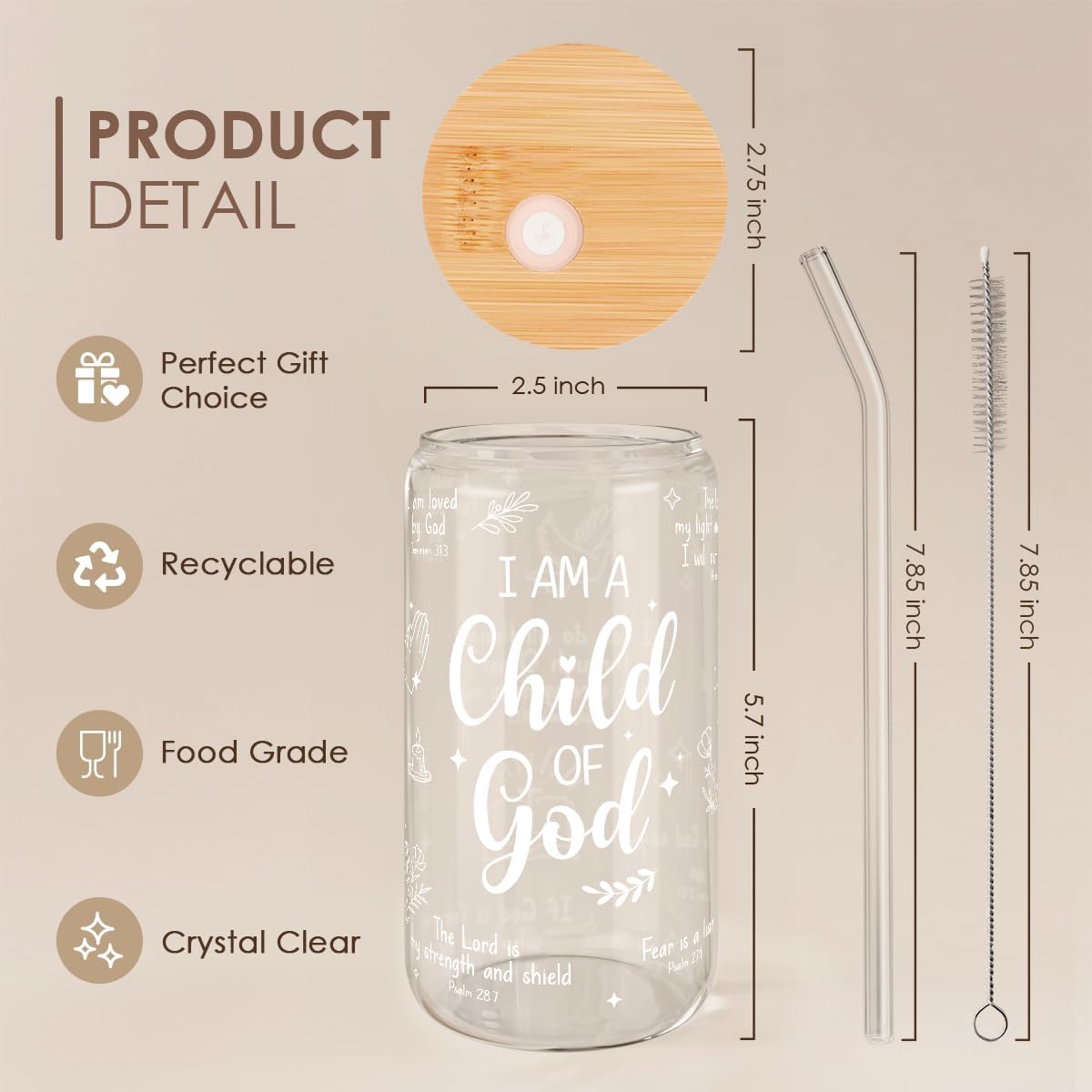 SANDJEST Christian Glass Can, I am Child of God Cup with Lid &amp; Straw, Iced Coffee Aesthetic Cups, Idea Gift for Christmas Birthday, Gifts for Women, 16oz