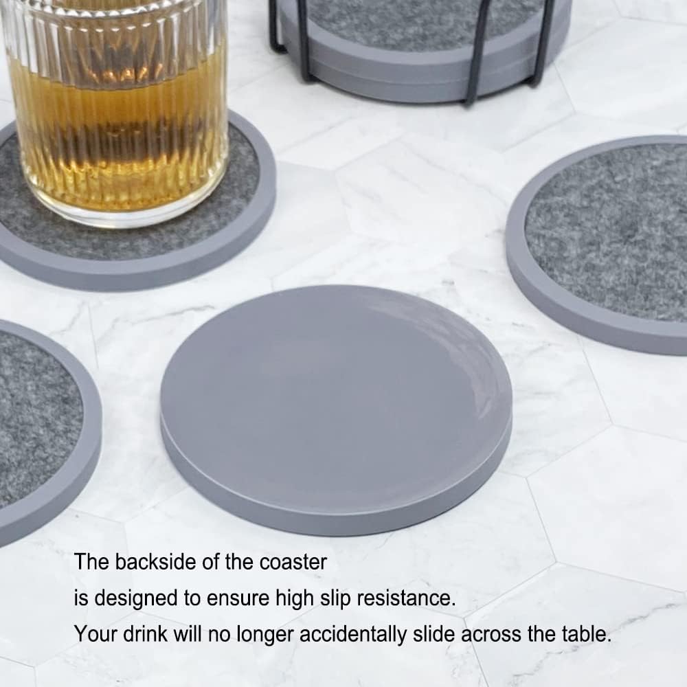 Absorbent Coasters for Drinks with Holder - 6packs, Silicone Coaster with Soft Felt Insert (4.3 inch Coasters with 4.5 inch Holder, t, Black and Gray)