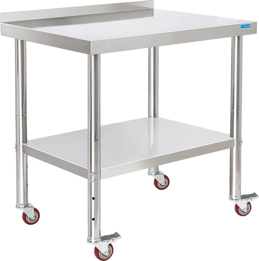 Stainless Steel Table for Prep & Work with 4 Caster Wheels with Backsplash 24 x 30 NSF Metal Commercial Kitchen Adjustable
