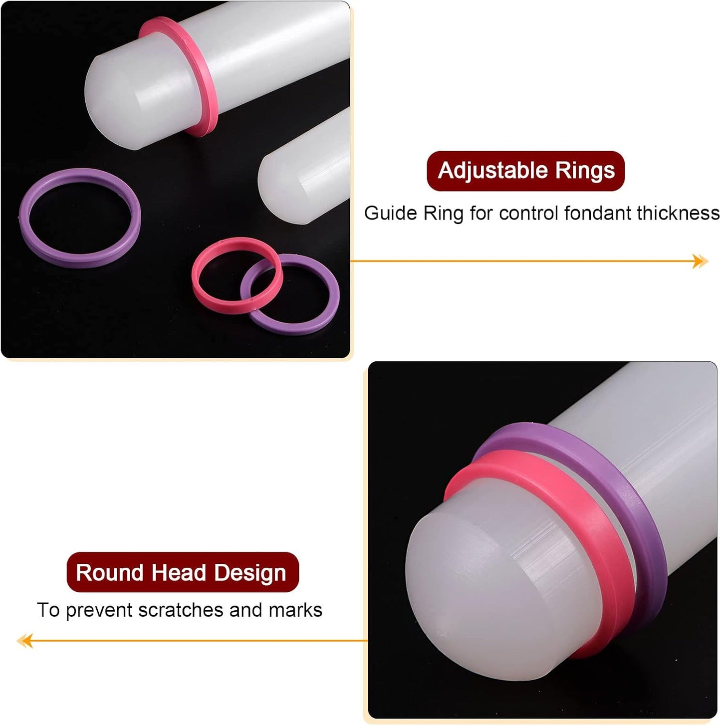HARFINGTON 2pcs Fondant Rolling Pin 9 Inch x 0.98 Inch Adjustable Guide Rings Non-Stick PP Plastic Fondant Roller Dough Roller Kitchen Decorating Tools for Cookie Pastry Pizza Clay