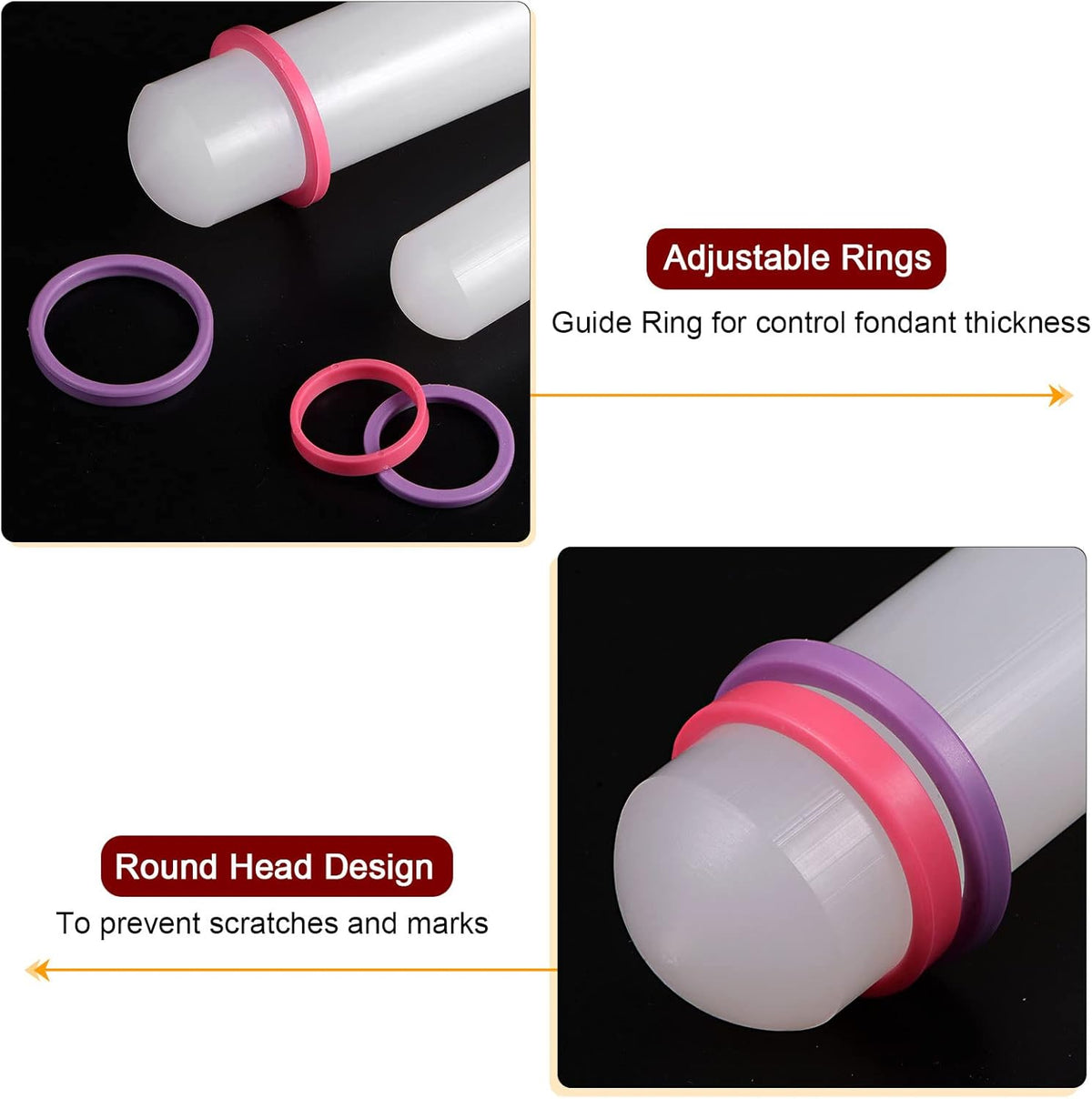 HARFINGTON Fondant Rolling Pin 13 Inch x 0.98 Inch Adjustable Guide Rings Non-Stick PP Plastic Fondant Roller Dough Roller Kitchen Decorating Tools for Cookie Pastry Pizza Clay