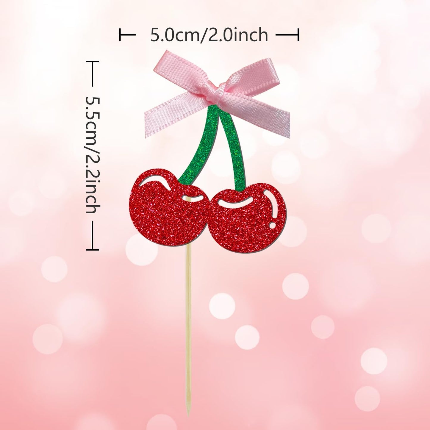 24 Pack Cherry Cupcake Toppers, Glitter Sweet Cherry Cupcake Pick | Fruits Theme Baby Shower and Bridal Shower Decorations Supplies