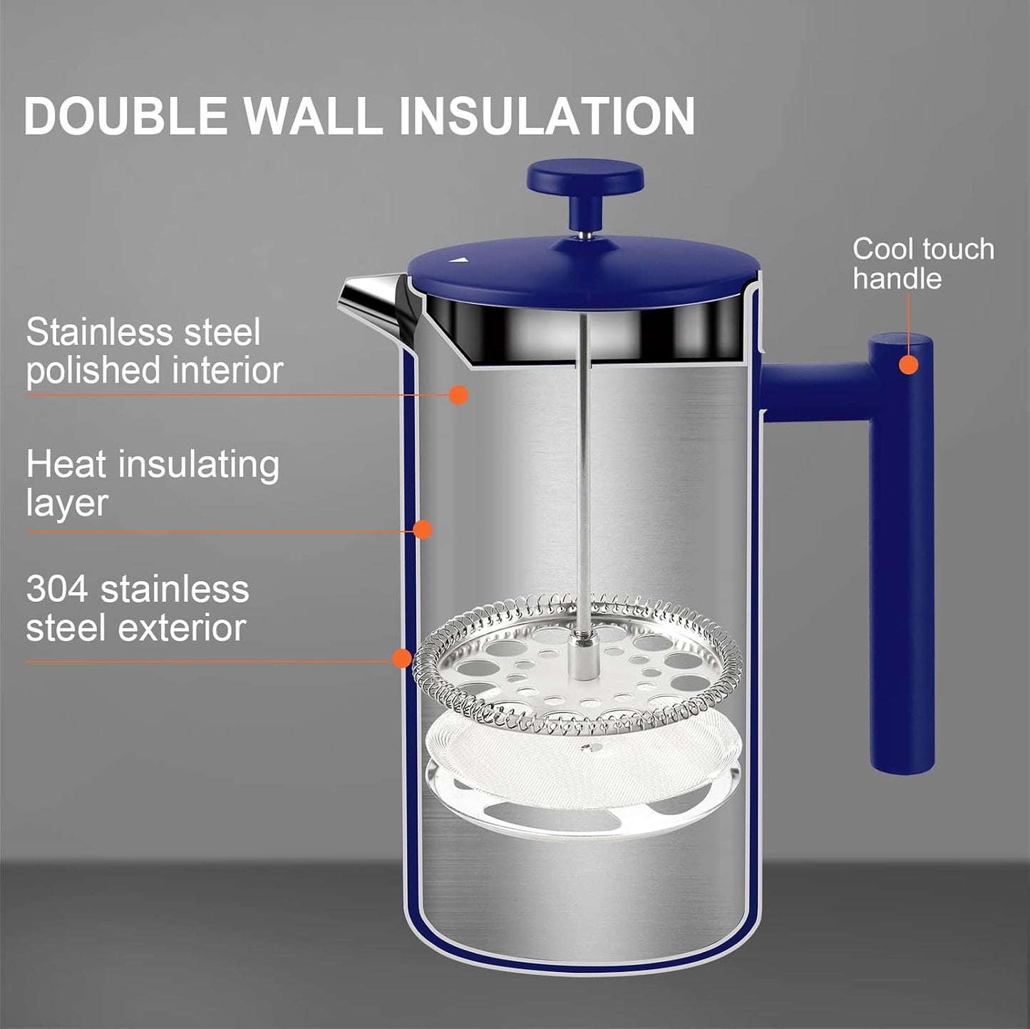 Secura French Press Coffee Maker, 304 Grade Stainless Steel Insulated Coffee Press with 2 Extra Screens, 34oz (1 Litre), Blue
