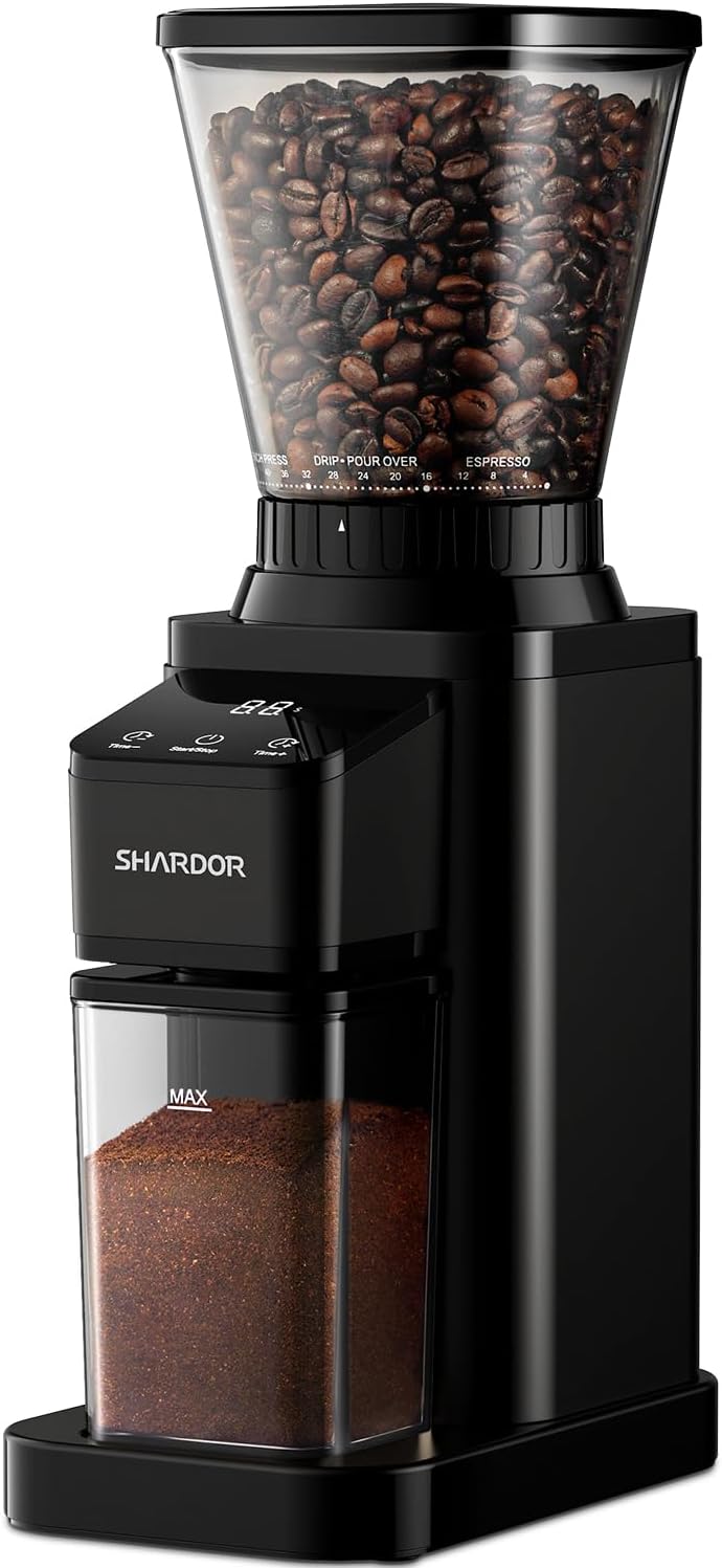 SHARDOR Conical Burr Coffee Bean Grinder, Anti-Static, 48 Settings, Black | Electric Grinding for Home Use, LCD Touchscreen, Precision Timer, Detachable Parts, Low Speed, 150W Motor, 9.7 oz Hopper