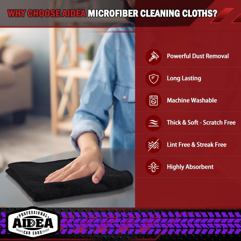 AIDEA Microfiber Cleaning Cloth-10PK, Black Microfiber Towels,12×12"