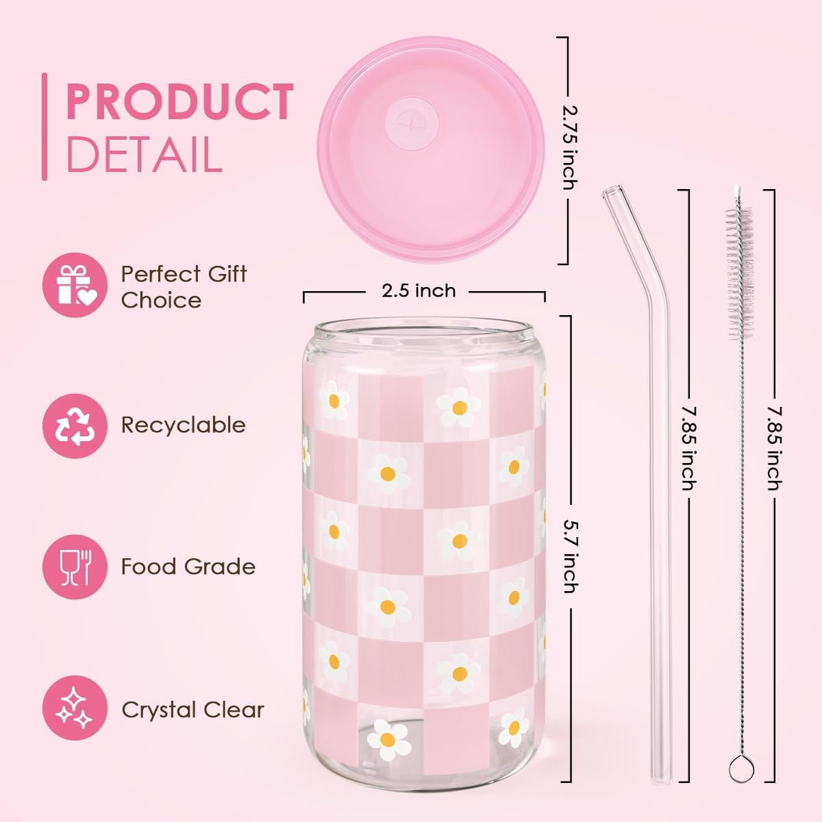SANDJEST Checkerboard Daisies Glass Can, Floral Checker Cup with Lid &amp; Straw, Iced Coffee Aesthetic Cups, Gift for Christmas Birthday Mother Day, Gifts for Women, 16oz