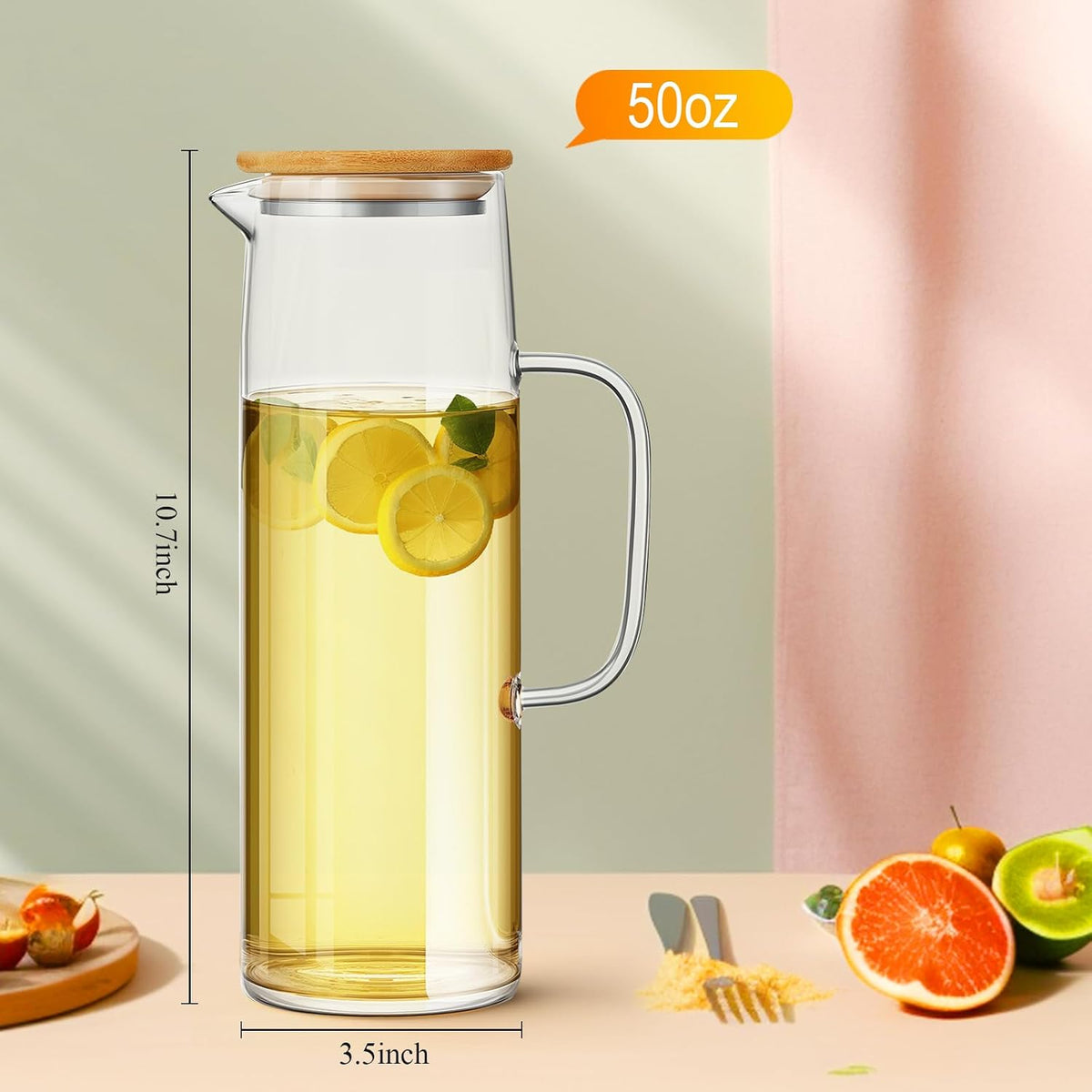 Hsei 2 Sets Glass Pitcher with Lid Water Carafe, Bamboo Lid, 1.5L
