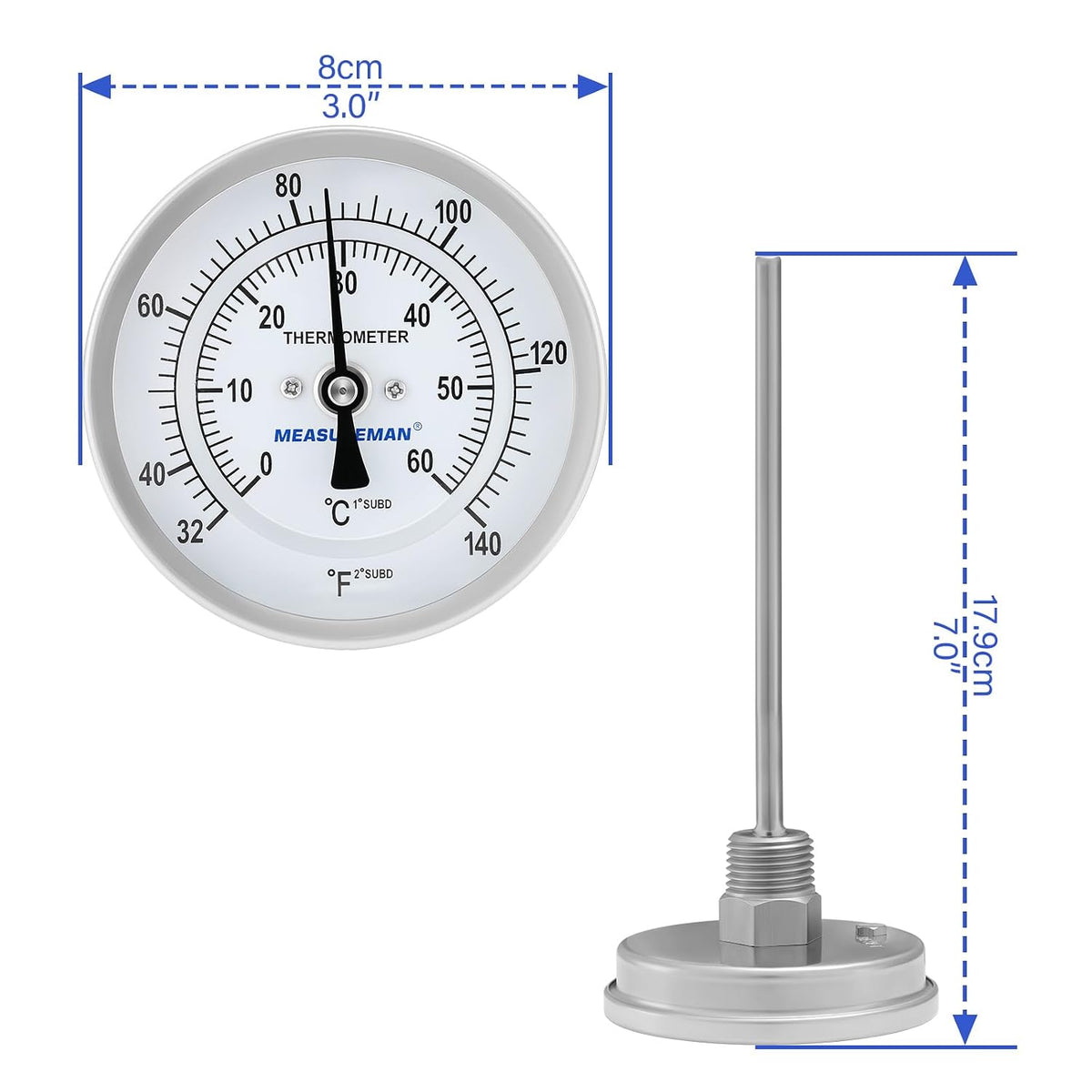 Measureman Fully Stainless Steel Bi-Metal Dial Thermometer, 3" Dial, 6" Stem, 32-140 deg F/0-60 deg C, +/-1% Accuracy, Adjustable, 1/2" NPT Back Mount