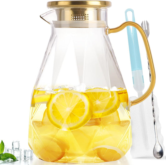 Glass Pitcher, 2.4Liter Water Pitcher With Lid | Iced Tea Pitcher for Fridge, Glass Water Carafe With Lid, Glass Water Jug, Large Drink Pitcher For Juice, Milk, Cold Or Hot
