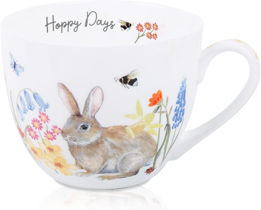20 oz Bunny Coffee Mug with Spring Flowers &amp; Happy Days Slogan, Premium Bone China Rabbit Coffee Cup, Cute Garden Gift for Women, Family&amp;Friends, Designed in England by Harvest Green Studio