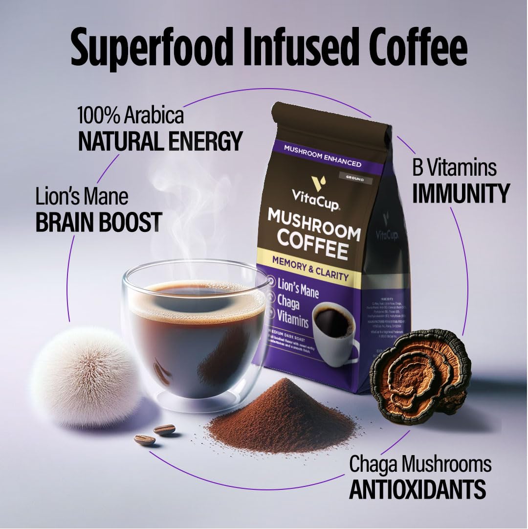 VitaCup Mushroom Medium Dark Roast Ground Coffee, 30oz, 2 Bags | 100% Arabica, Boost Focus, Immunity, Memory &amp; Clarity, B Vitamins, D3, Chaga, Coffee Grounds, Specialty