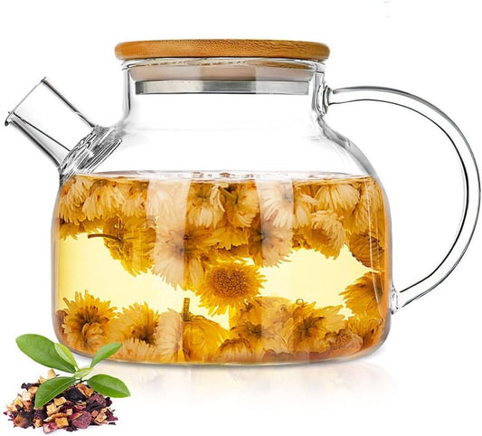 Glass Teapot 34oz/1000ml, Stovetop & Microwave Safe Borosilicate Tea Pot,Clear Teapot with Strainer, Glass Tea Kettle with