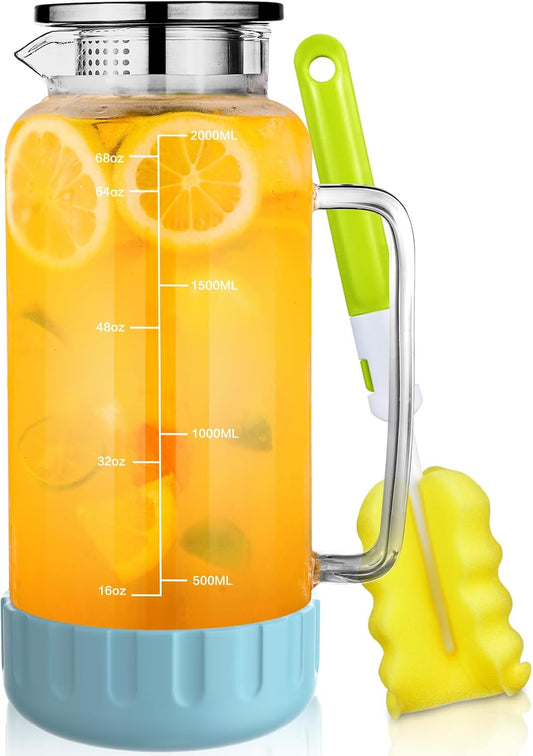 Aofmee 68oz Glass Pitcher with Lid, 2 Liter Water Carafe with Silicone Base and Precise Scale Line, Ice Tea Pitcher for