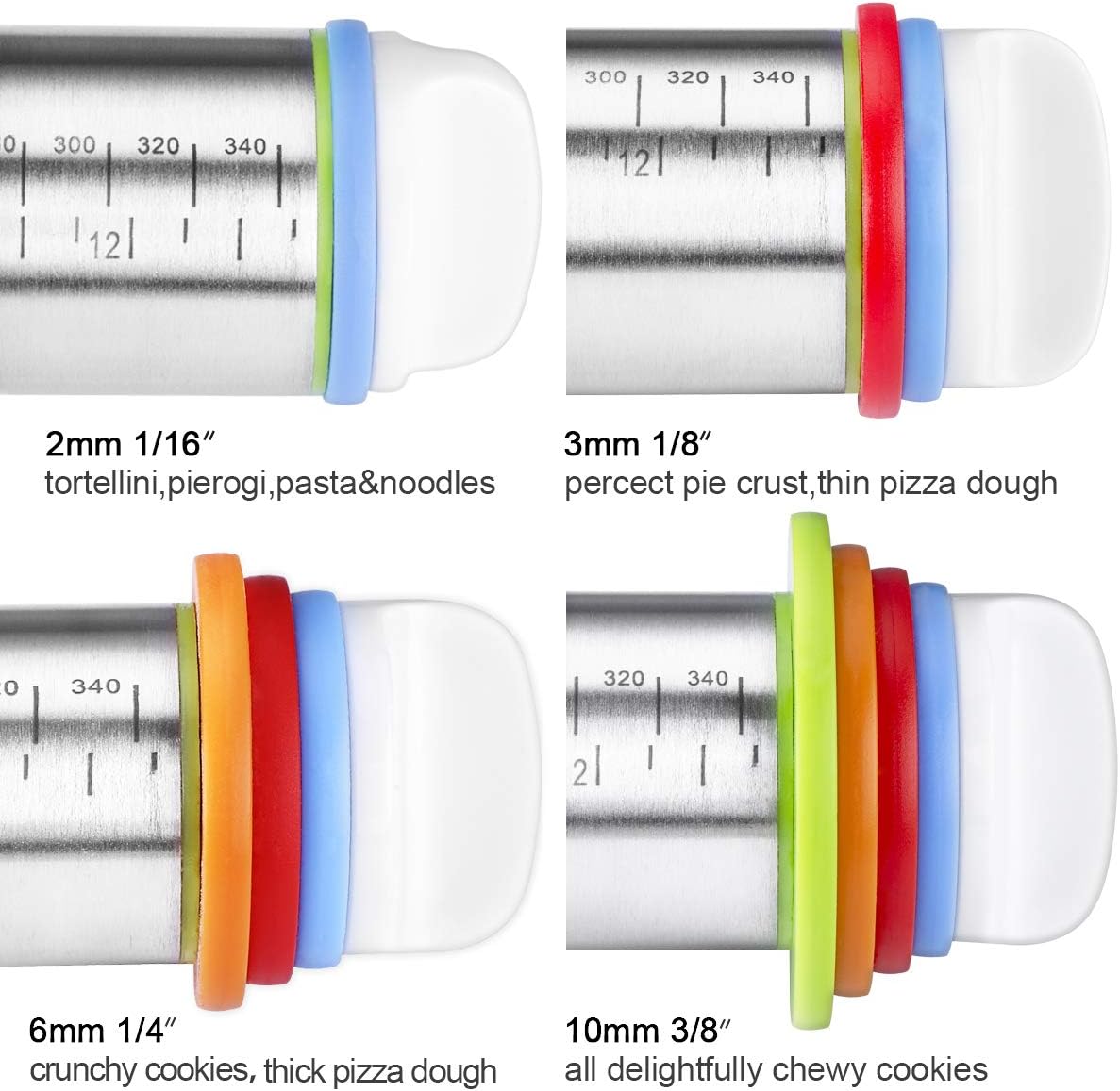 Stainless Steel Rolling Pin &amp; Baking Mat Set with Adjustable Thickness Ring | 17in Non-Stick Metal Dough Roller with Red Keading Mat. Home Baking Essential Tools for Fondant Pizza Pie Pastry Pasta Cookie