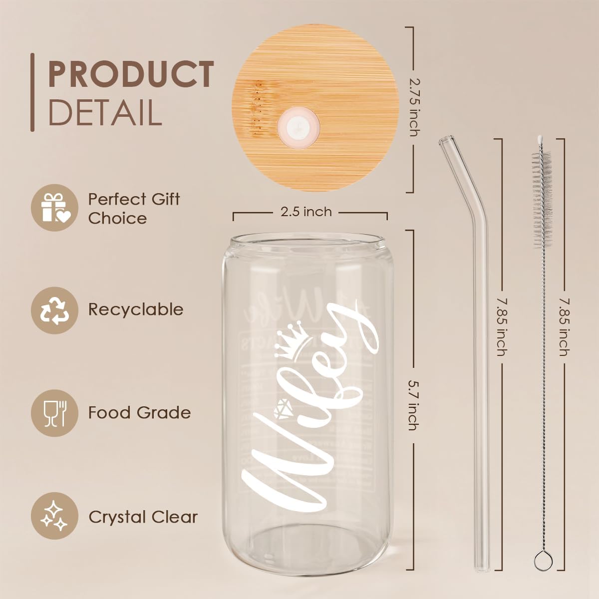 SANDJEST Wife Glass Can, Wifey Cup with Lid &amp; Straw, Iced Coffee Aesthetic Cups, Idea Gift for Christmas Marriage Birthday Anniversary Valentine, Gifts for Women, 16oz