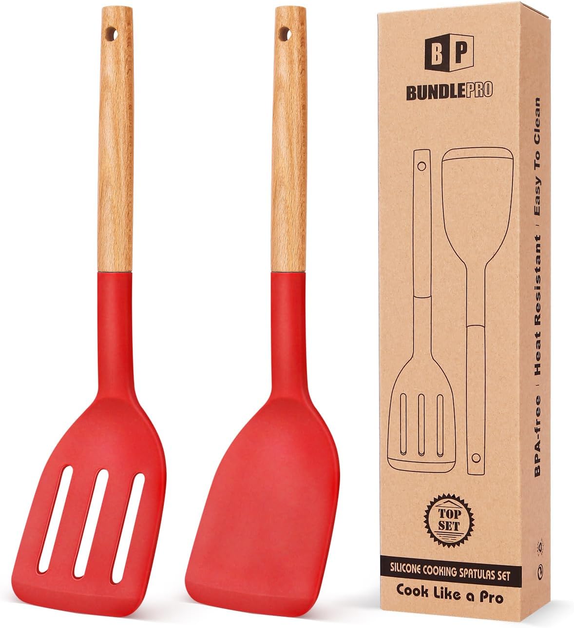 BUNDLEPRO Silicone Spatula, Solid &amp; Slotted Turner, BPA-Free, 2 Pack, Red