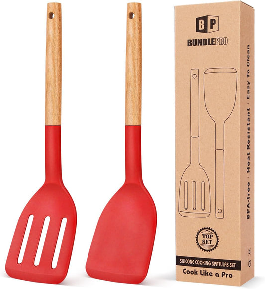 BUNDLEPRO Silicone Spatula, Solid &amp; Slotted Turner, BPA-Free, 2 Pack, Red