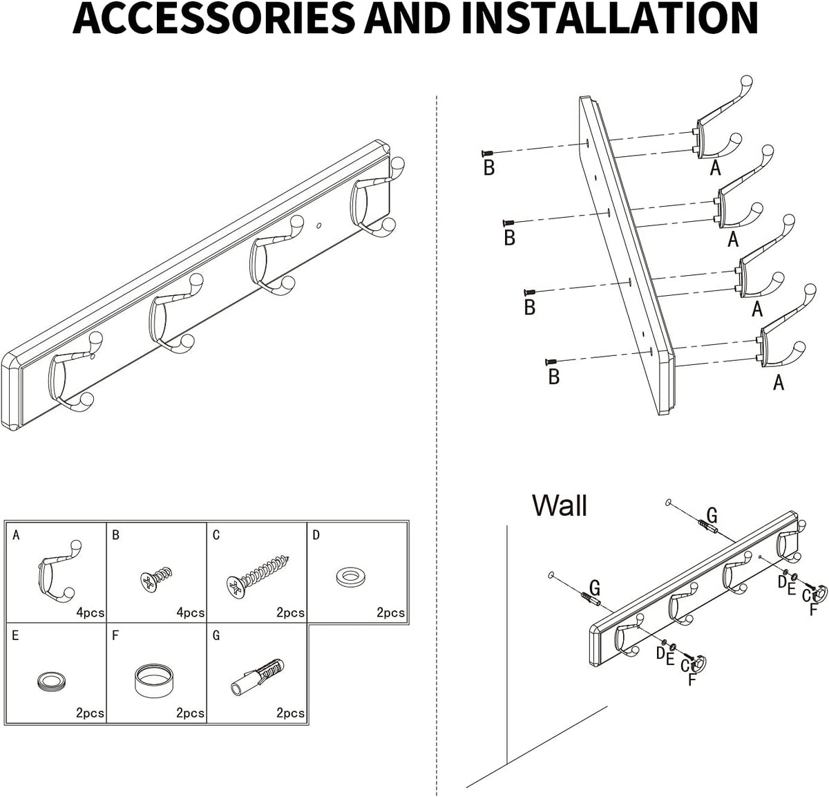 Badiano Heavy Duty Wooden Coat Rack, Wall-Mounted Organizer, 19 Inch, Black