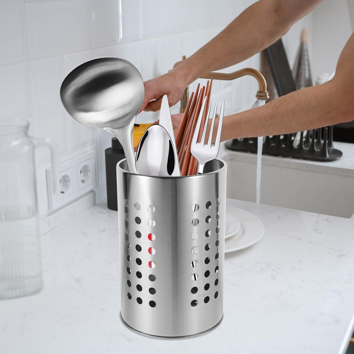 ULTECHNOVO Stainless Steel Cutlery Holder Self-Draining Kitchen Utensil Holder for Chopsticks Spoons and Forks 7.00 X 4.72 X 4.72 in Countertop Drying Rack with Drain Holes