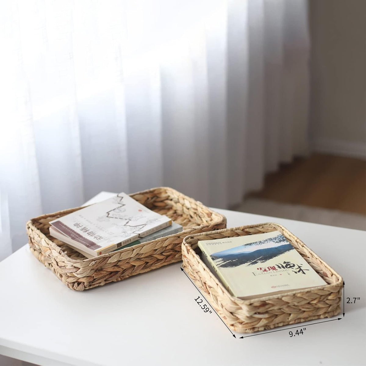Water Hyacinth Woven Serving Tray Rectangular Hand-Woven Wicker Storage Trays for Coffee/Breakfast/Dessert/Fruit/Bread (Original Color - Small)