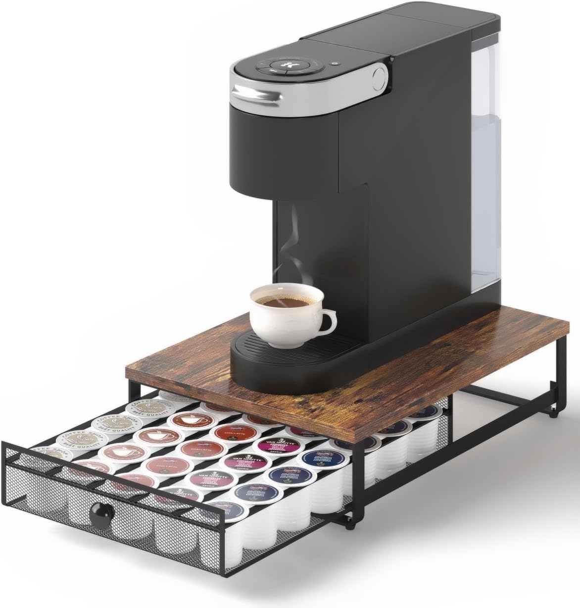 K Cup Organizer, Coffee Pod Holder Rack, Under Cabinet Pod Holder with Sliding Drawer holds up to 35 K-Cup Pods, No Assembly Needed, Rustic Brown