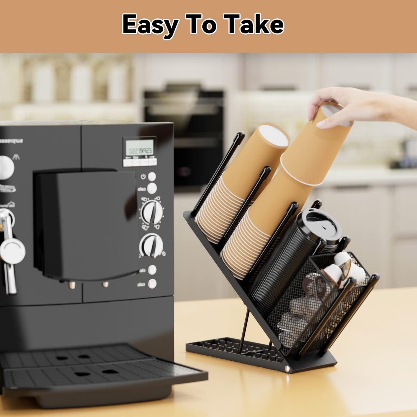Coffee Cup and Lid Holder - 4 Compartments Plastic Paper Cups Dispenser | 8 Tilt Angle Adjust 100pcs+ 8-22oz Disposable Cups Holder with Straw Basket for Coffee Bar Station Countertop Breakroom Black