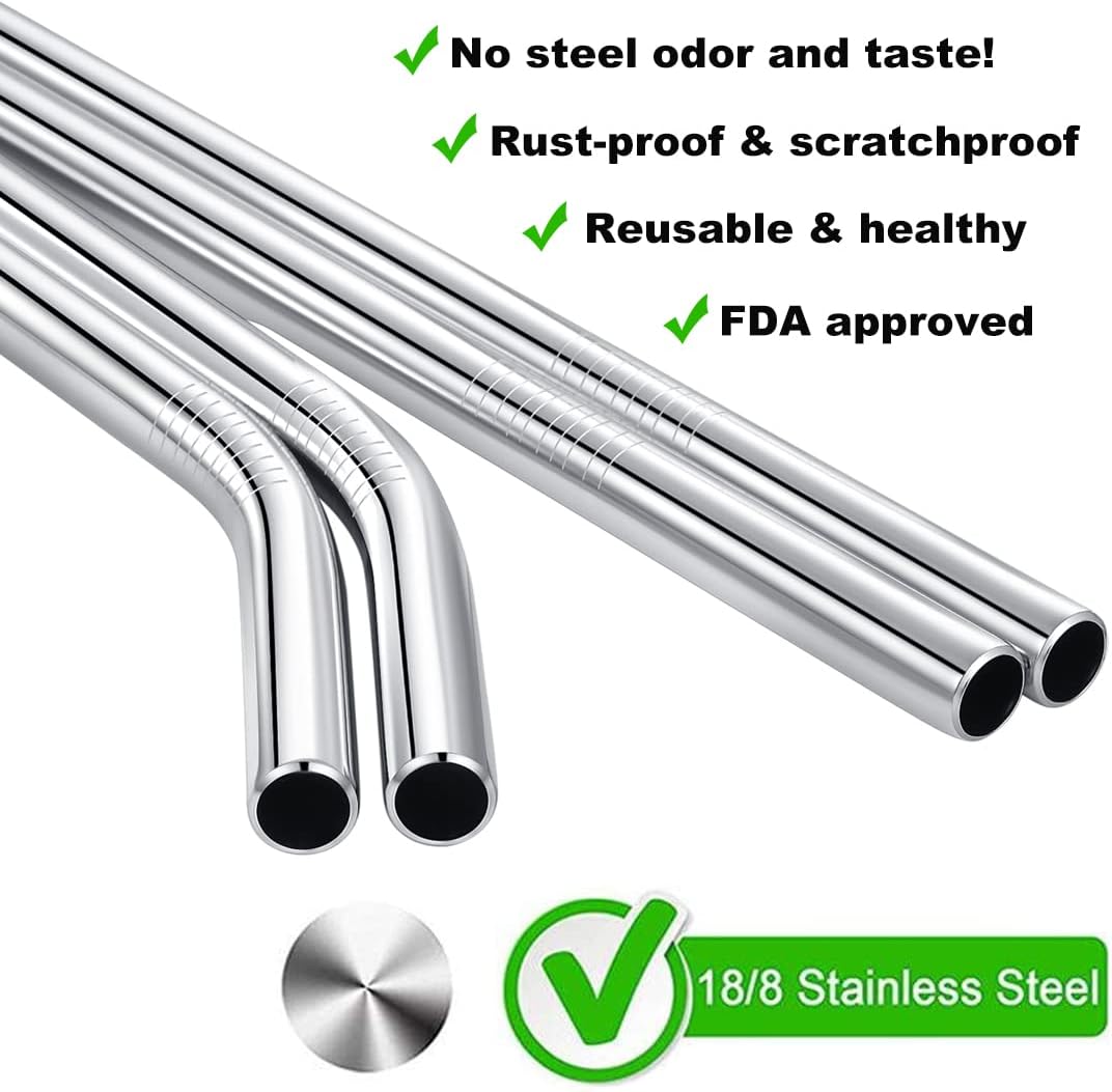 Vinaco 4 Pcs 0.35" Wide Bore Reusable Stainless Steel Metal Smoothie Straws