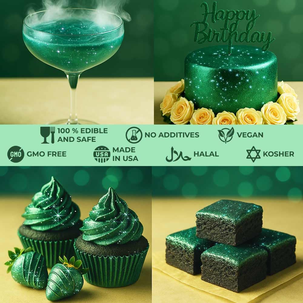 Dark Green Edible Glitter for Drinks 20g - Green Edible Glitter for Cakes Cocktails Cake Decoration Sprinkles - Green Luster Dust for Cocktail &amp; Cake Topper Chocolate Baking Decorating Fondant Cookies - Drink Shimmer Spray - Food Grade Vegan, Kosher,
