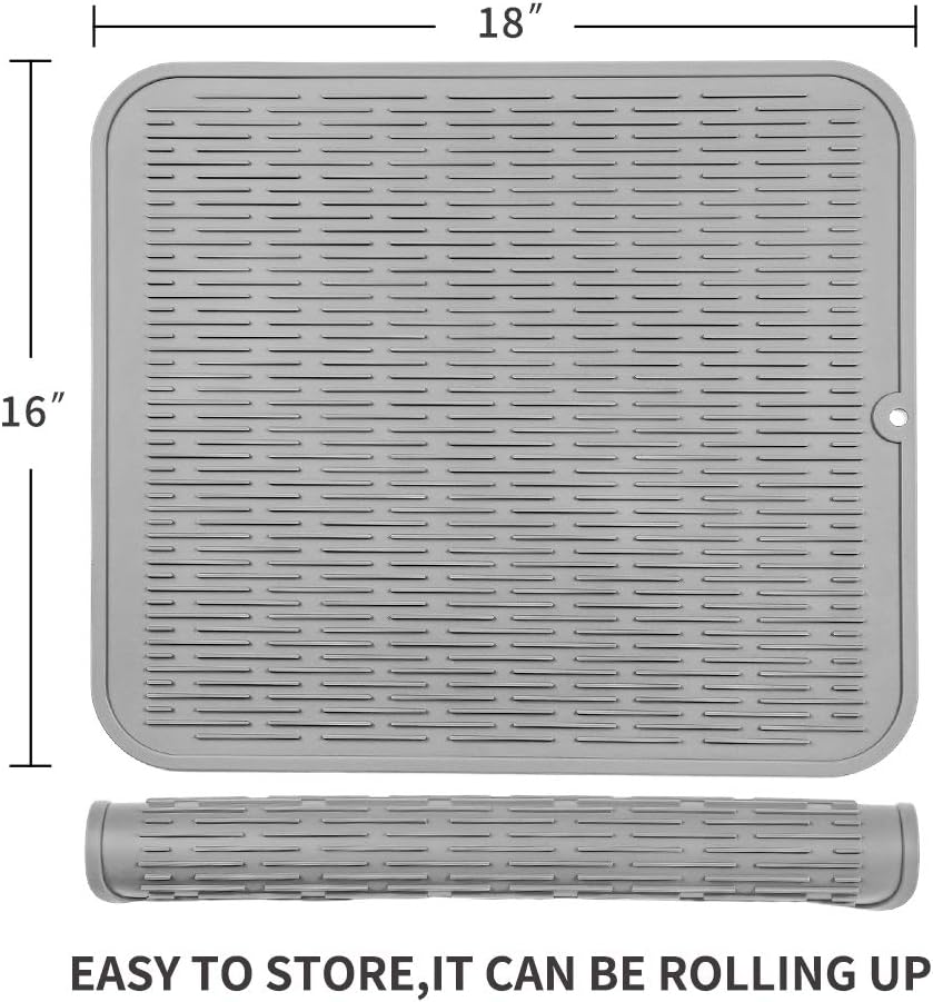 Silicone Dish Drying Mat for Multiple Usage,Easy clean,Eco-friendly,Heat-resistant Silicone Mat for Kitchen Counter or Sink,Refrigerator or Drawer Liner Grey XL 18 inches x 16 inches