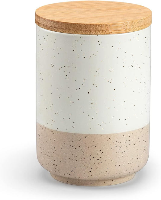 vancasso Sabine Small Ceramic Canister with Airtight Wood Lid - 18 oz Kitchen Storage for Coffee, Sugar, Tea & Spices -
