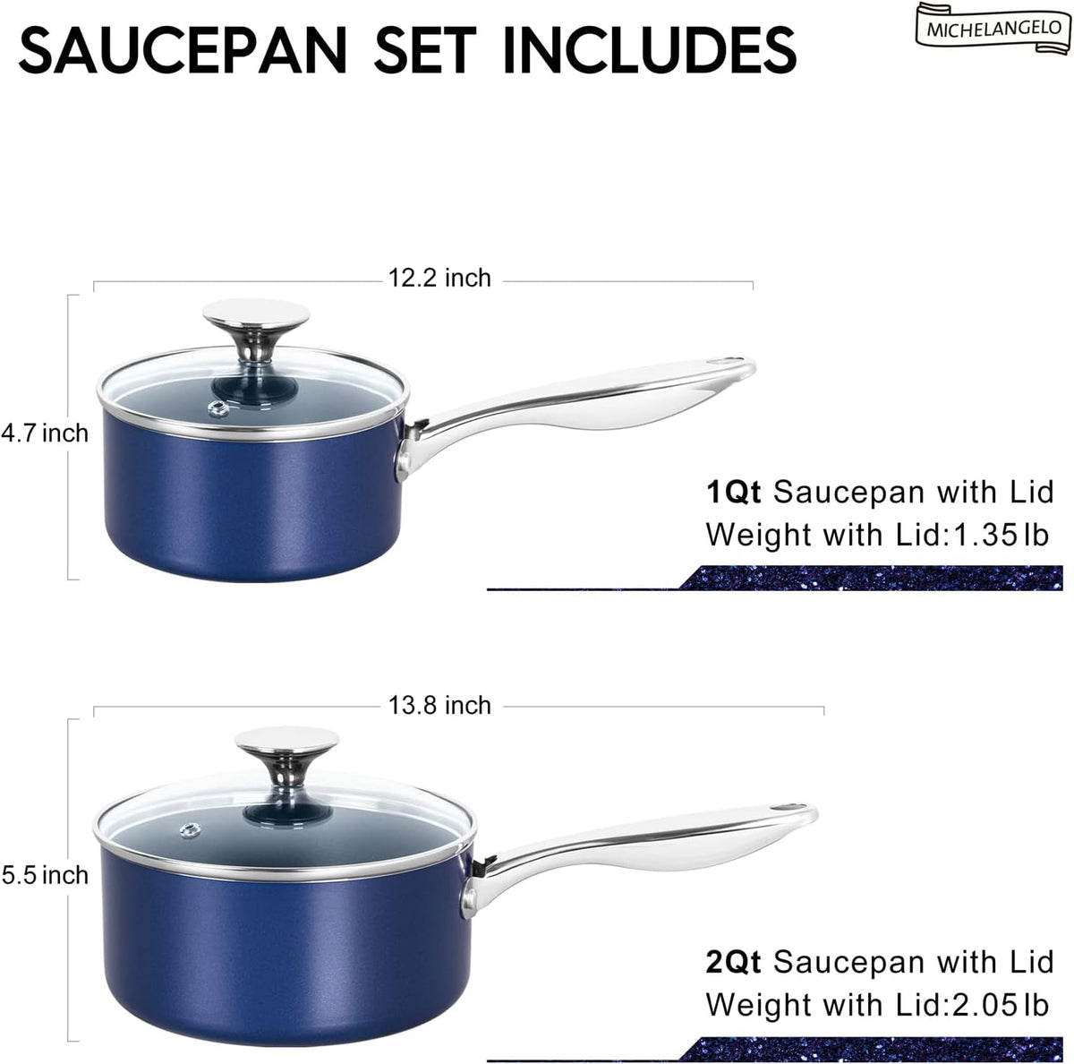 MICHELANGELO Saucepan Set, 1Qt & 2Qt Ceramic Sauce Pan with Lid, Nonstick Saucepans with Lids, Small Pot with Stainless Steel Handle, Oven Safe, Blue