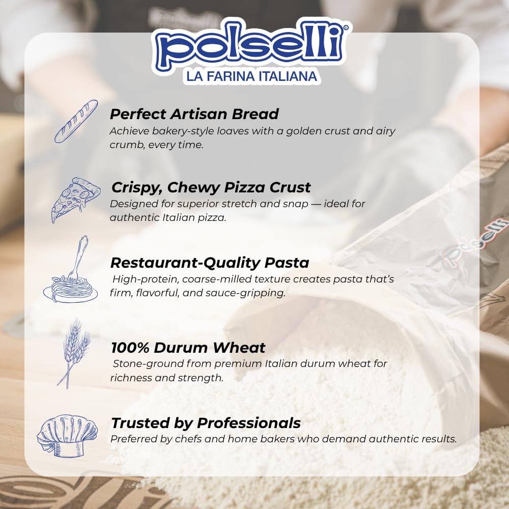 POLSELLI Semola Flour, Semolina Rimacinata Di Grano Duro, 1 kg (2.2 lbs) | Fine-Milled Durum Wheat For Bread, Pizza And Pasta Making, Fine Texture, Easy Dough Handling, Product Of Italy