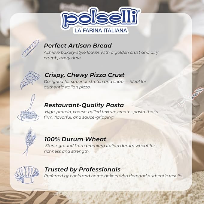 POLSELLI 1 kg, Semola Flour, Semolina Rimachinata di grano duro, Great for Bread, Pizza, or Pasta making