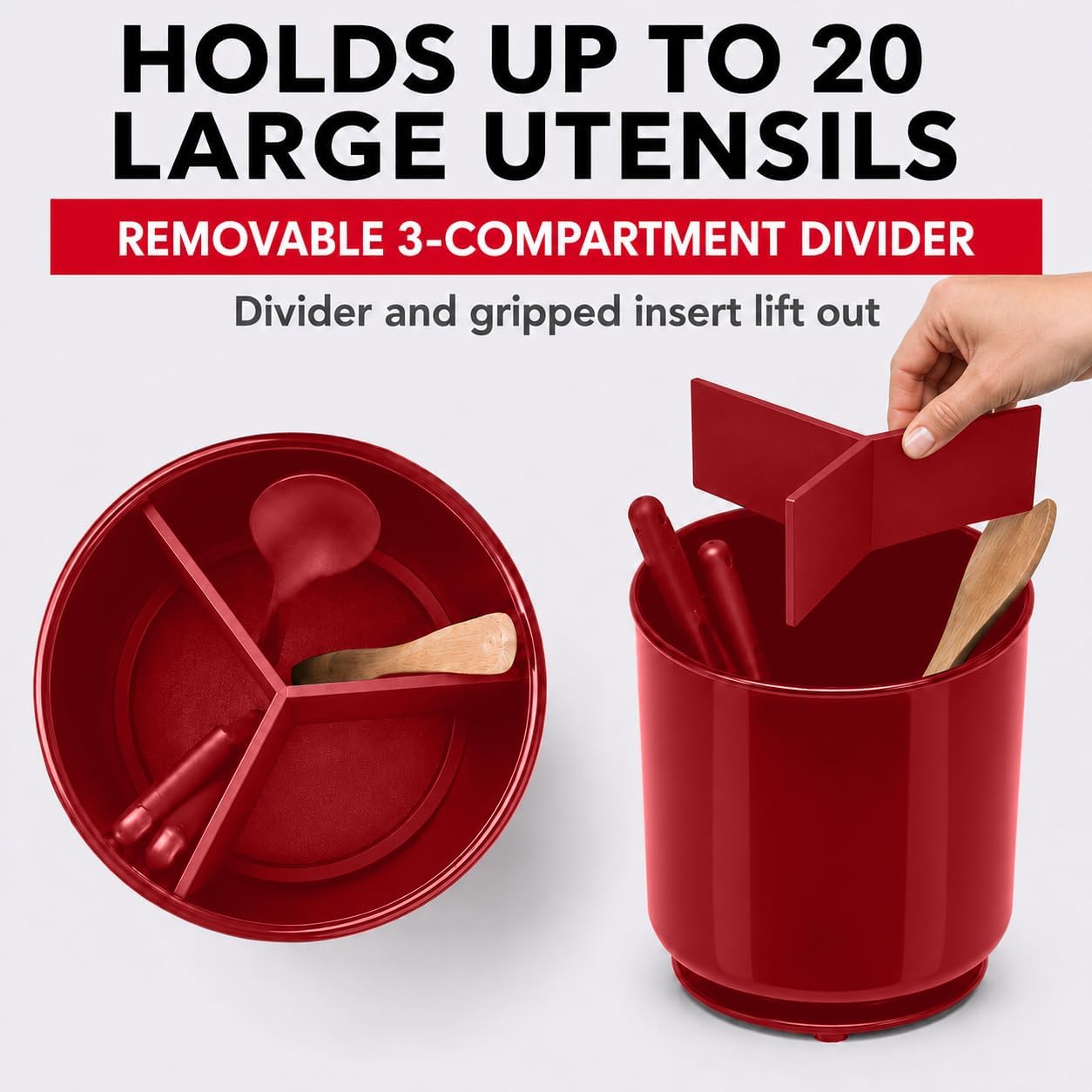 Extra Large Rotating Red Utensil Holder with Sturdy No-Tip Weighted Base, Removable Divider, and Gripped Insert | Rust Proof and Dishwasher Safe Kitchen Utensils Holder by Cooler Kitchen 7*7 Inches