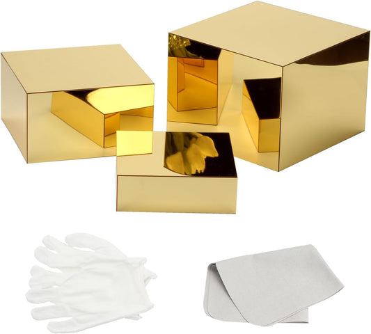 3 Pcs Acrylic Display Nesting Riser Stand Mirror Gold Acrylic Riser | Display Cube Box Stereoscopic Display Stand Acrylic Food Display Risers for Catering Dessert Jewelry Character Party
