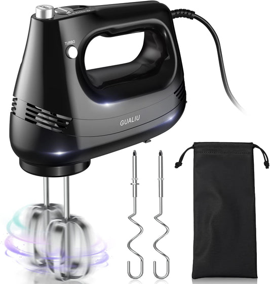 Electric Hand Mixer with Stainless Steel Whisk, Dough Hook Attachment and Storage Bag, Handheld Mixer for Baking Cakes,
