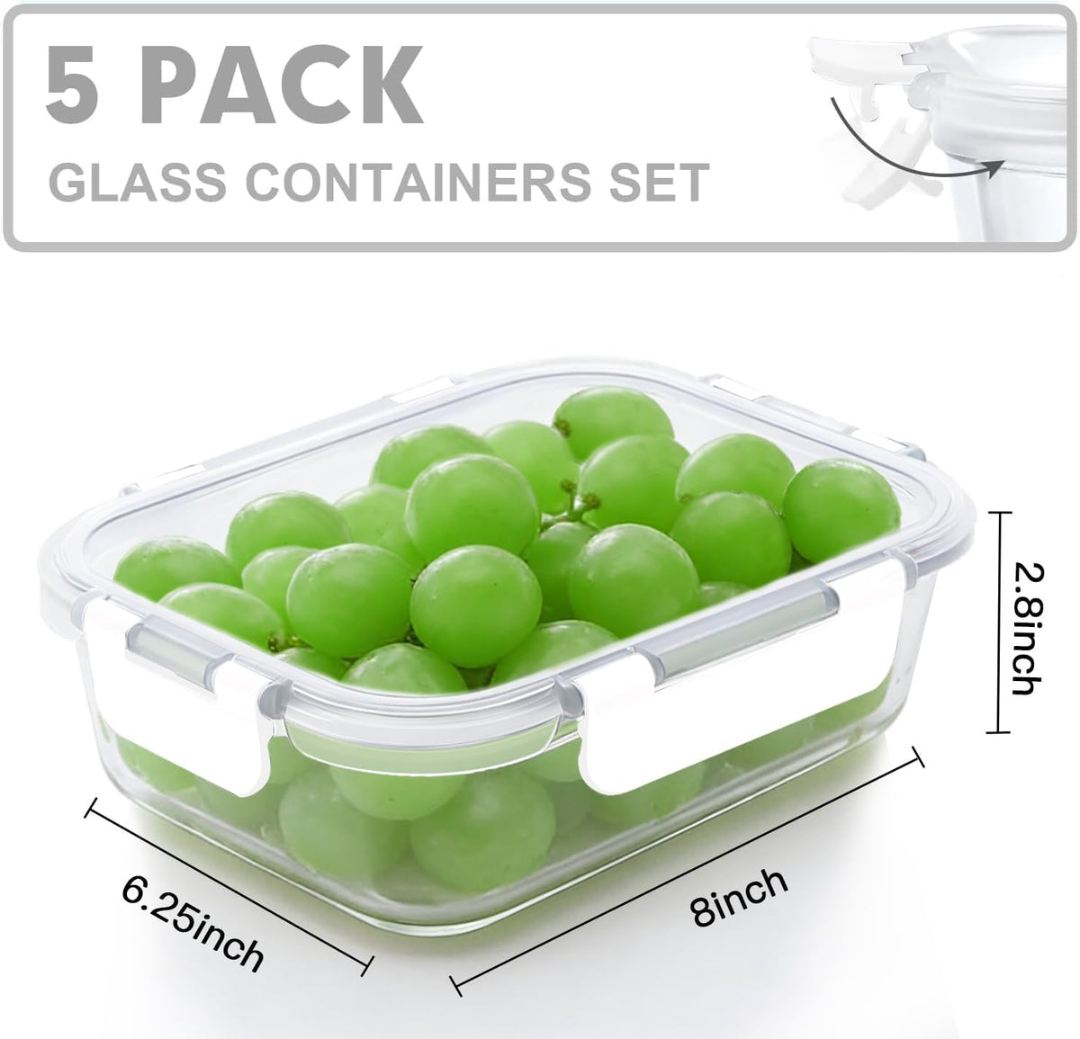 VERONES 5 Pack 36 OZ Glass Meal Prep Containers, Airtight Glass Lunch Containers Set, Food Storage Containers with Lids,Exclusive of BPA, for Microwave, Oven, Freezer & Dishwasher Friendly,White