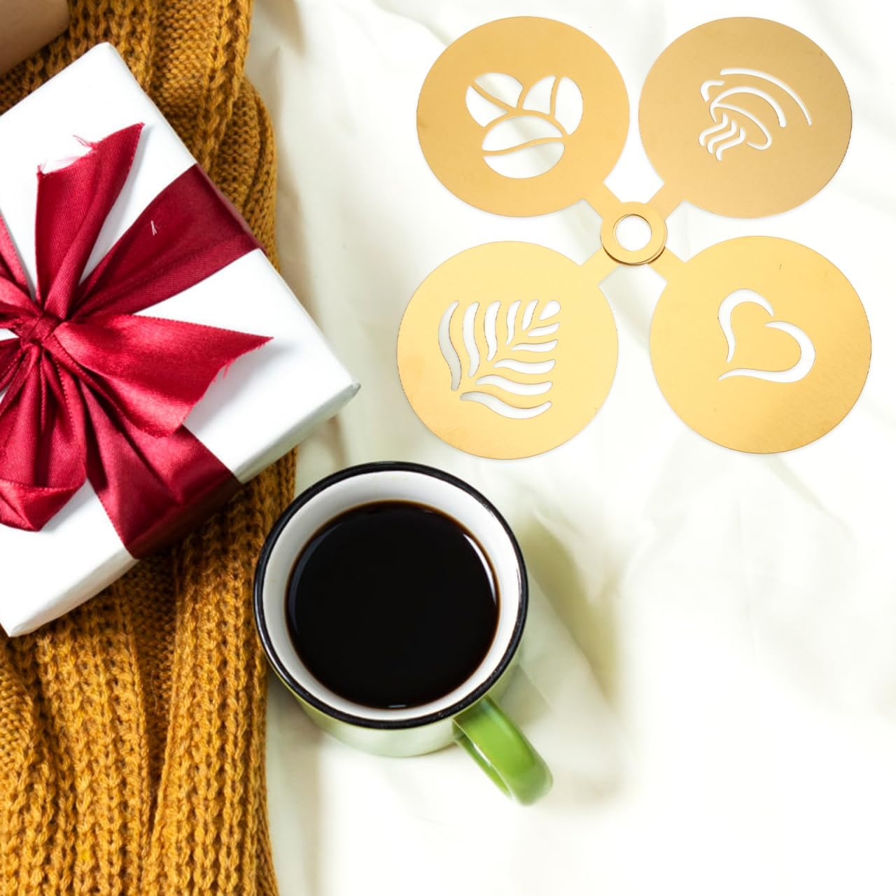 SHOWERORO Coffee Latte Art Stencils 4 Pcs Metal Coffee Stencils for Cappuccino Chocolate Decoration Milk Foams Templates Flower Mold 4.72X3.34In